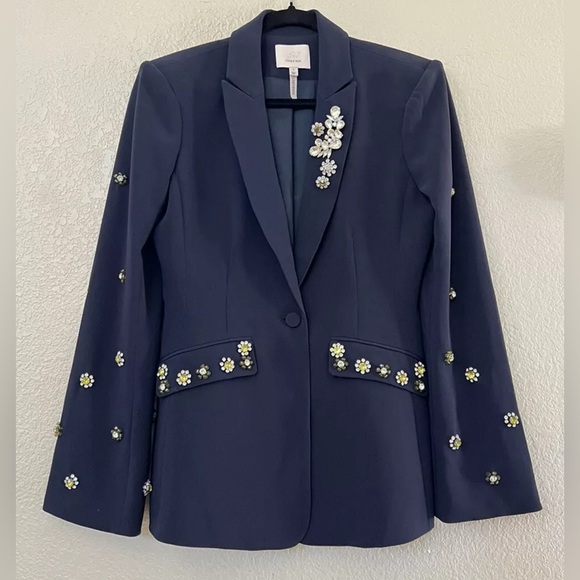 New Cinq A Sept Cheyenne Rhinestone Flower Blazer in Navy Size 4 - Picture 6 of 12